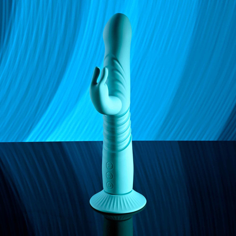 Evolved BUNNY HOP - Teal 25.1 cm USB Rechargeable Thrusting Rabbit Vibrator with Suction Base