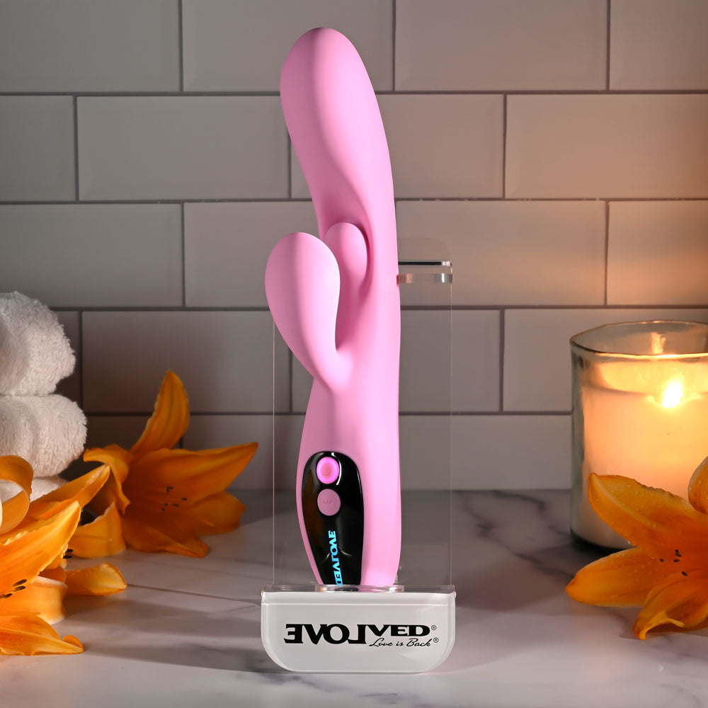 Evolved PUSH THE BUTTON - Pink 23.5 cm USB Rechargeable Rabbit Vibrator with G-Spot Bud