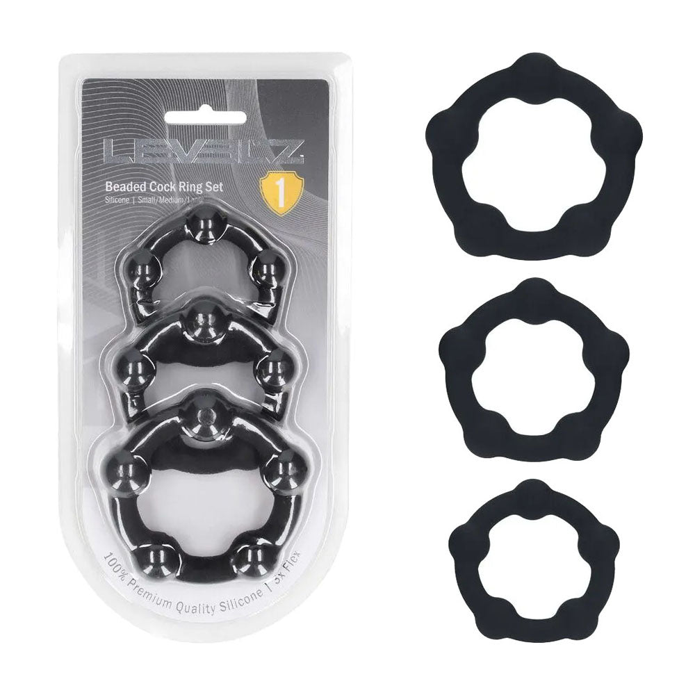 LEVELZ Beaded Silicone Cock Ring Set of 3 - Black - Black Cock Rings - Set of 3 Sizes