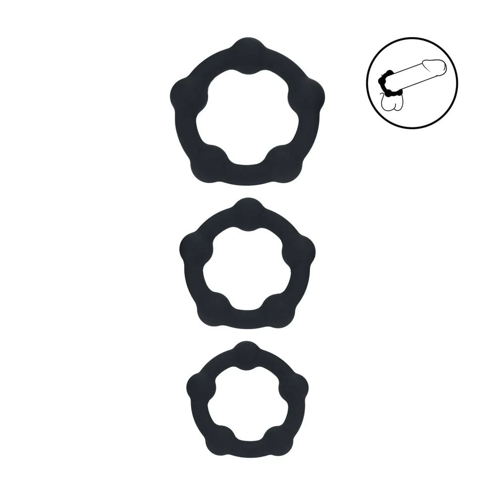 LEVELZ Beaded Silicone Cock Ring Set of 3 - Black - Black Cock Rings - Set of 3 Sizes