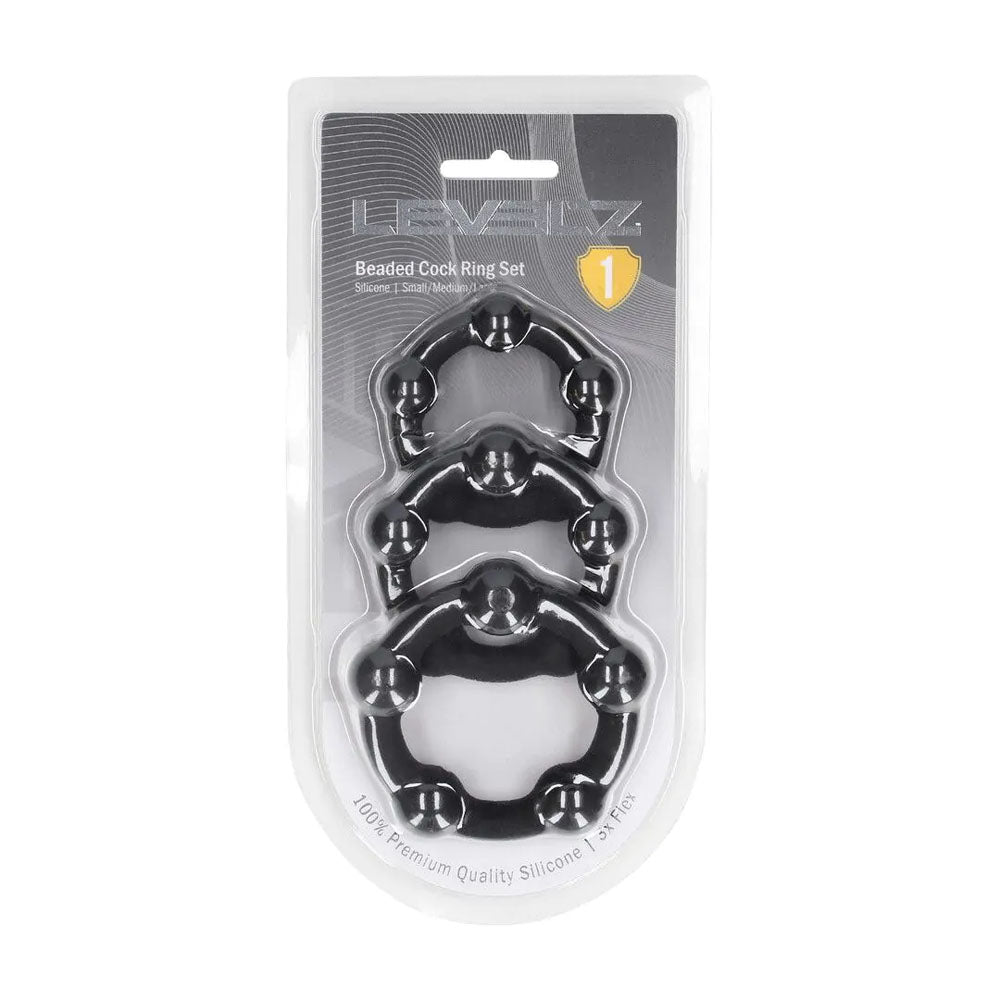 LEVELZ Beaded Silicone Cock Ring Set of 3 - Black - Black Cock Rings - Set of 3 Sizes