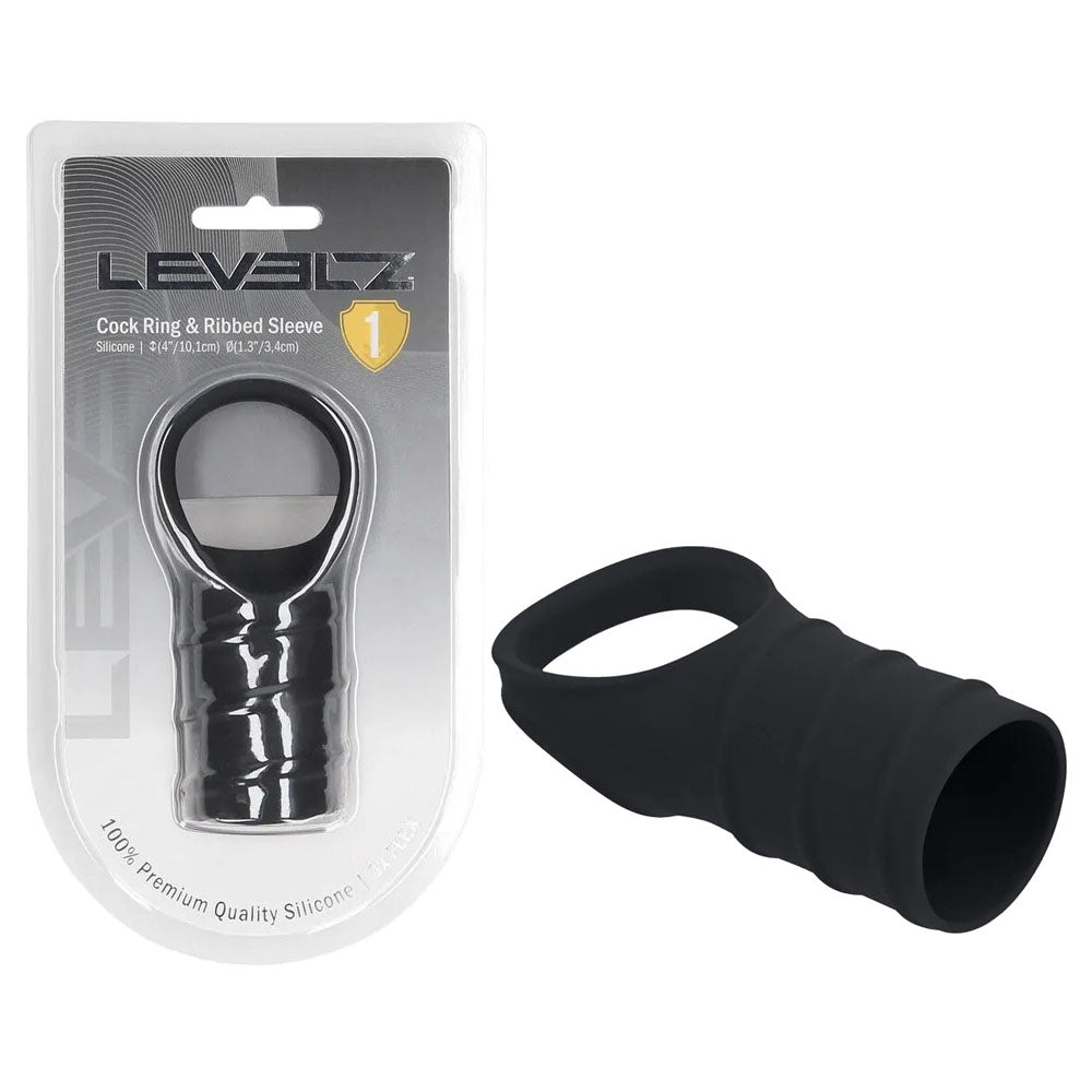 LEVELZ Silicone Cock Ring & Ribbed Sleeve - Black Cock Ring with Sleeve