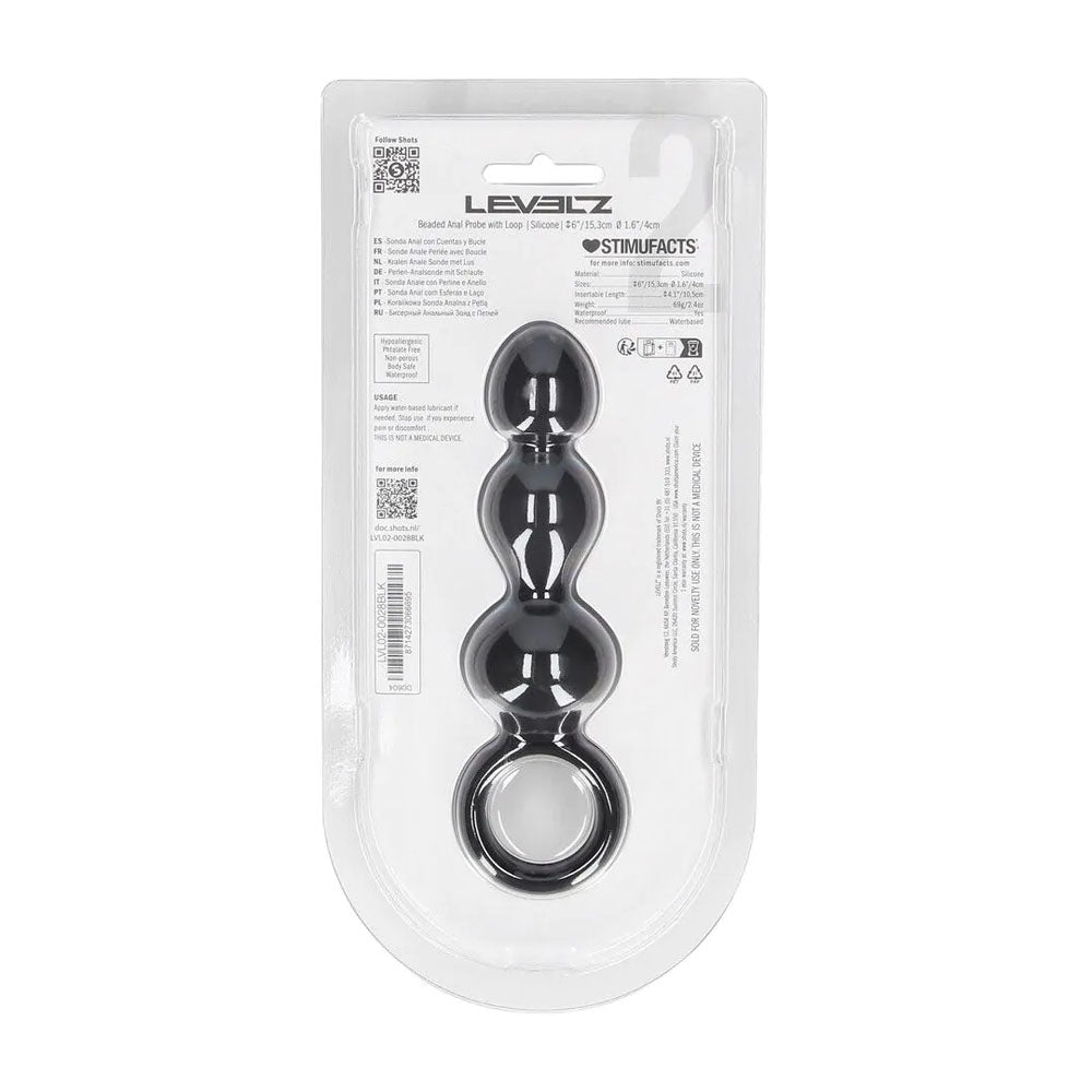 LEVELZ Beaded Silicone Anal Probe with Loop - Black 15.3 cm Beaded Anal Plug