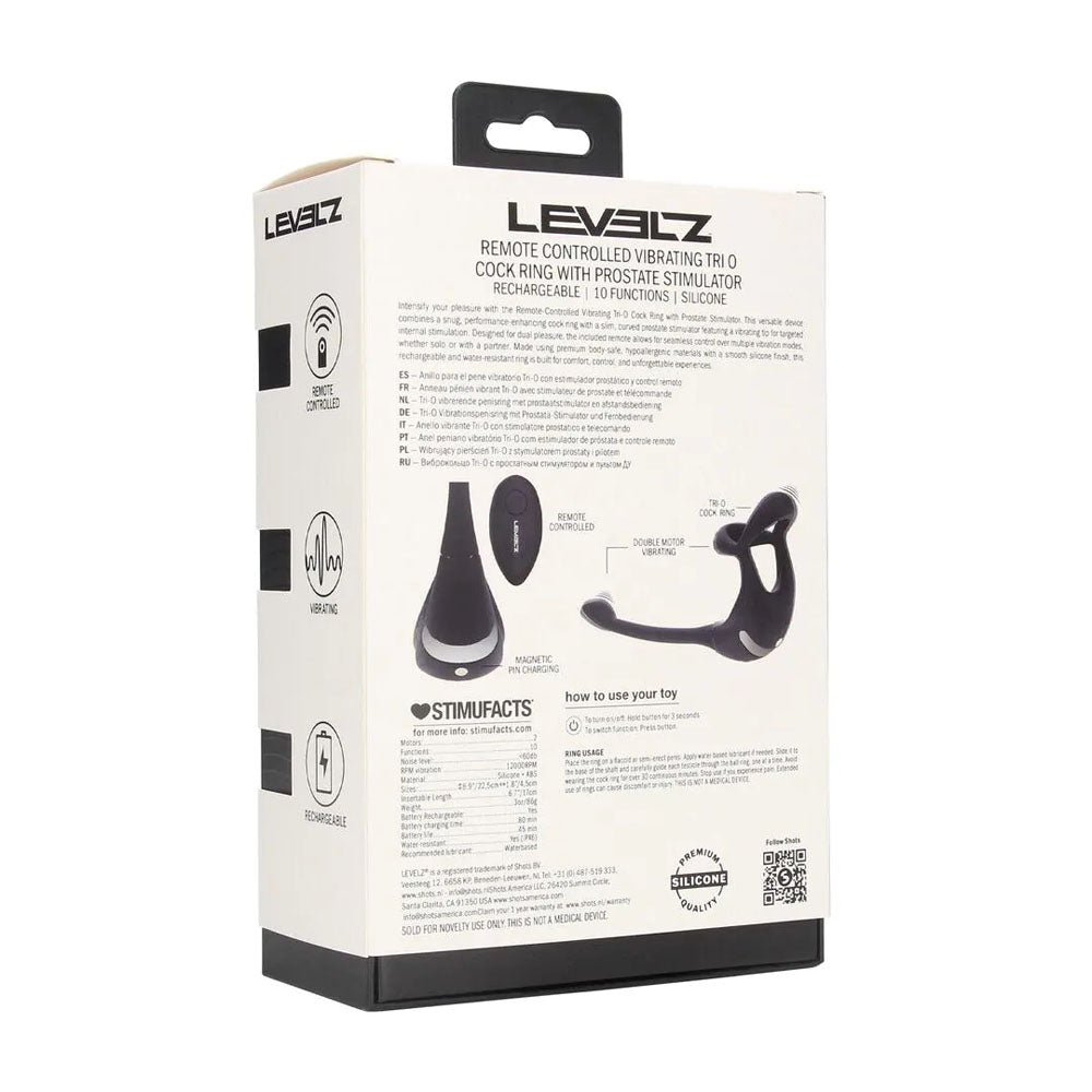 LEVELZ Remote Controlled Vibrating TriO Cock Ring with Prostate Stimulator - Black USB Rechargeable Vibrating Cock Ring with Anal Plug
