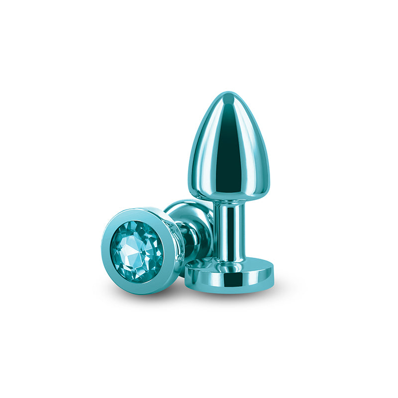 Rear Assets Petite - Teal - Teal 6 cm Metal Butt Plug with Teal Round Gem Base