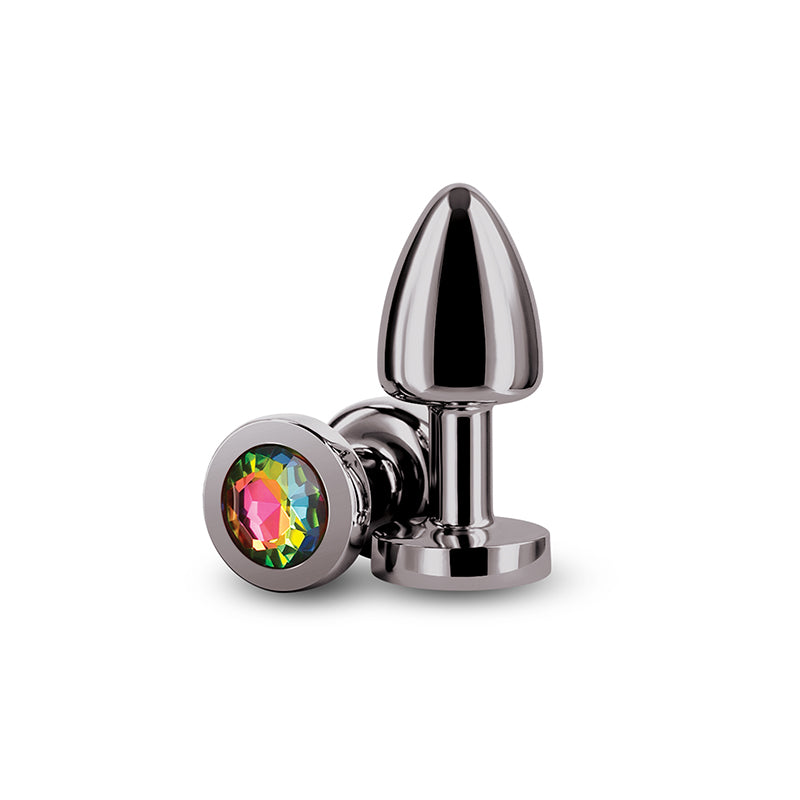 Rear Assets Petite - Gunmetal with Rainbow Gem - Gunmetal 6 cm Metal Butt Plug with Rainbow Round Gem Base