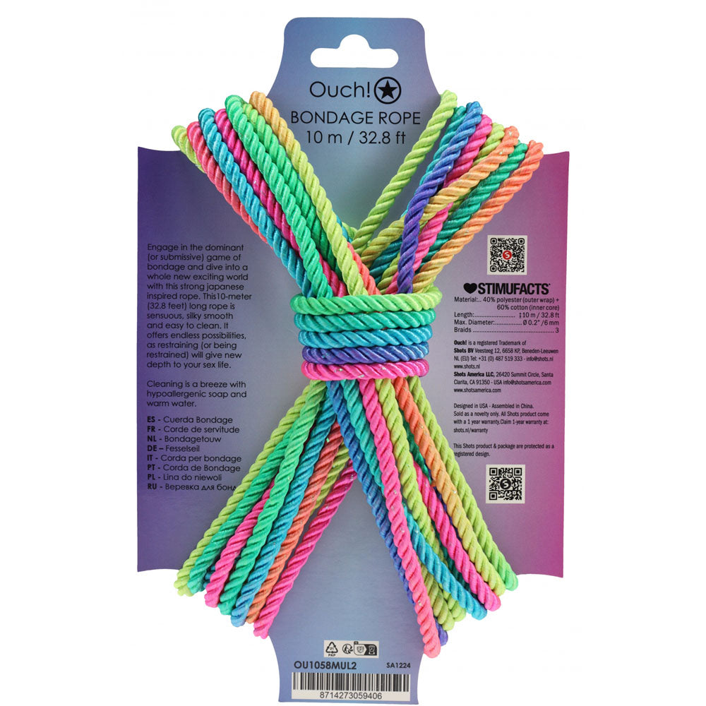 OUCH! Bondage Rope - 10 M - Multicolour 2 - Multicoloured Nylon Bondage Rope - 10 metre Length