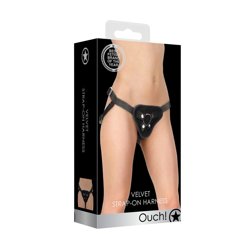 OUCH! Velvet & Velcro Adjustable Harness with O-Ring - Black Strap-On Harness (No Probe Included)
