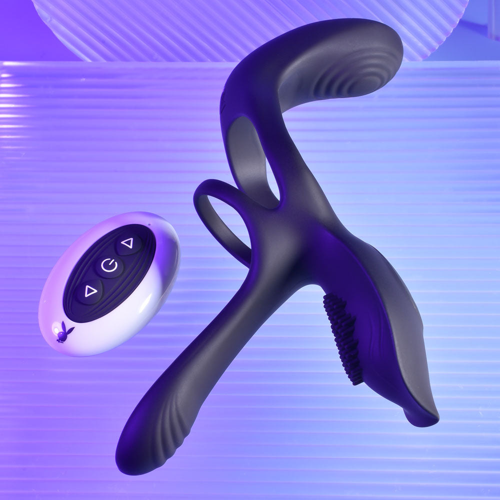 Playboy Pleasure The 3 Way - Black USB Rechargeable Vibrating Cock Ring with Wireless Remote