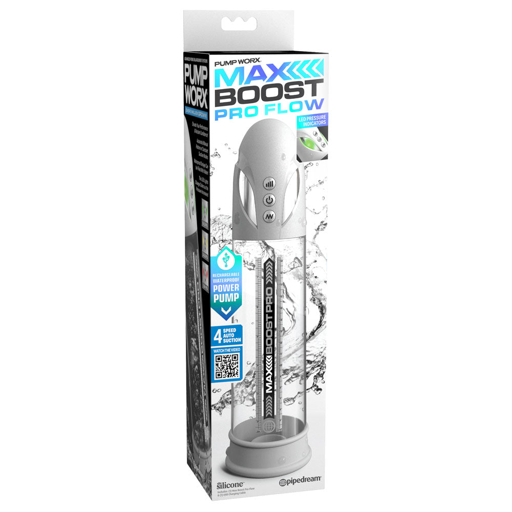 Pump Worx Max Boost Pro Flow - White - White/Clear USB Rechargeable Waterproof Auto Penis Pump