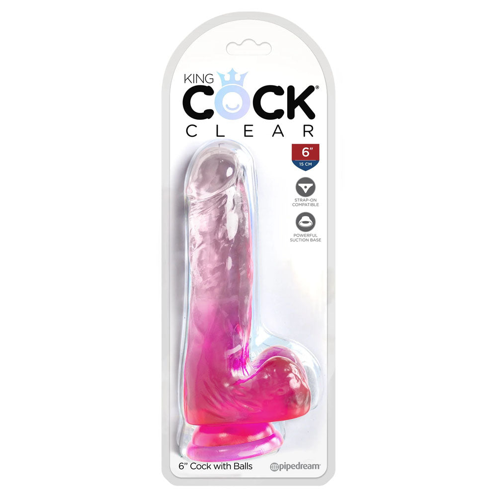 King Cock Clear 6'' Cock with Balls - Pink - Pink 15.2 cm Dong