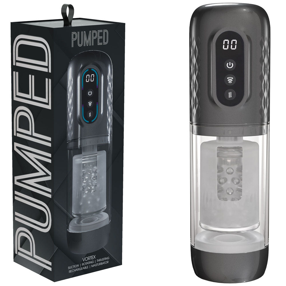 PUMPED Vortex - Gunmetal - Gunmetal Grey/Clear USB Rechargeable Sucking Rotating and Thrusting Auto Masturbator