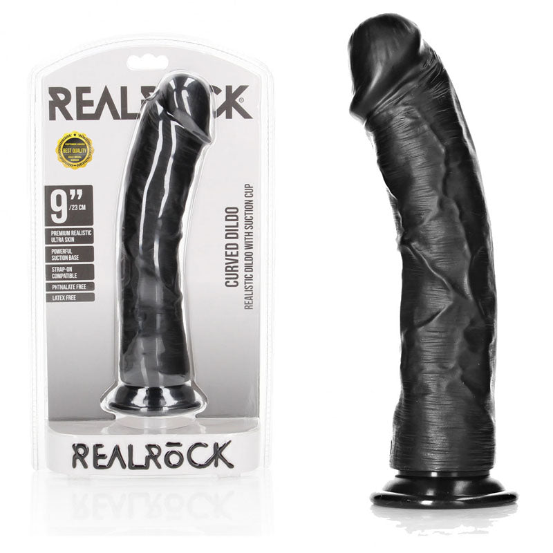 REALROCK Realistic Regular Curved Dildo with Suction Cup - 23 cm - Black 23 cm (9'') Dong
