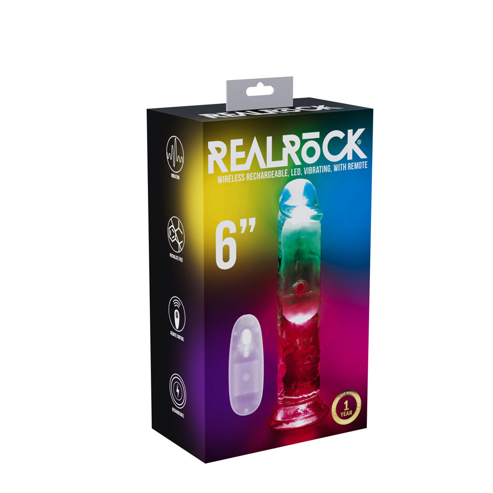 REALROCK 6'' No Balls Wireless Rechargeable LED Vibrating Dong - Clear with LED 16.5 cm USB Rechargeable Vibrating Dong with Remote