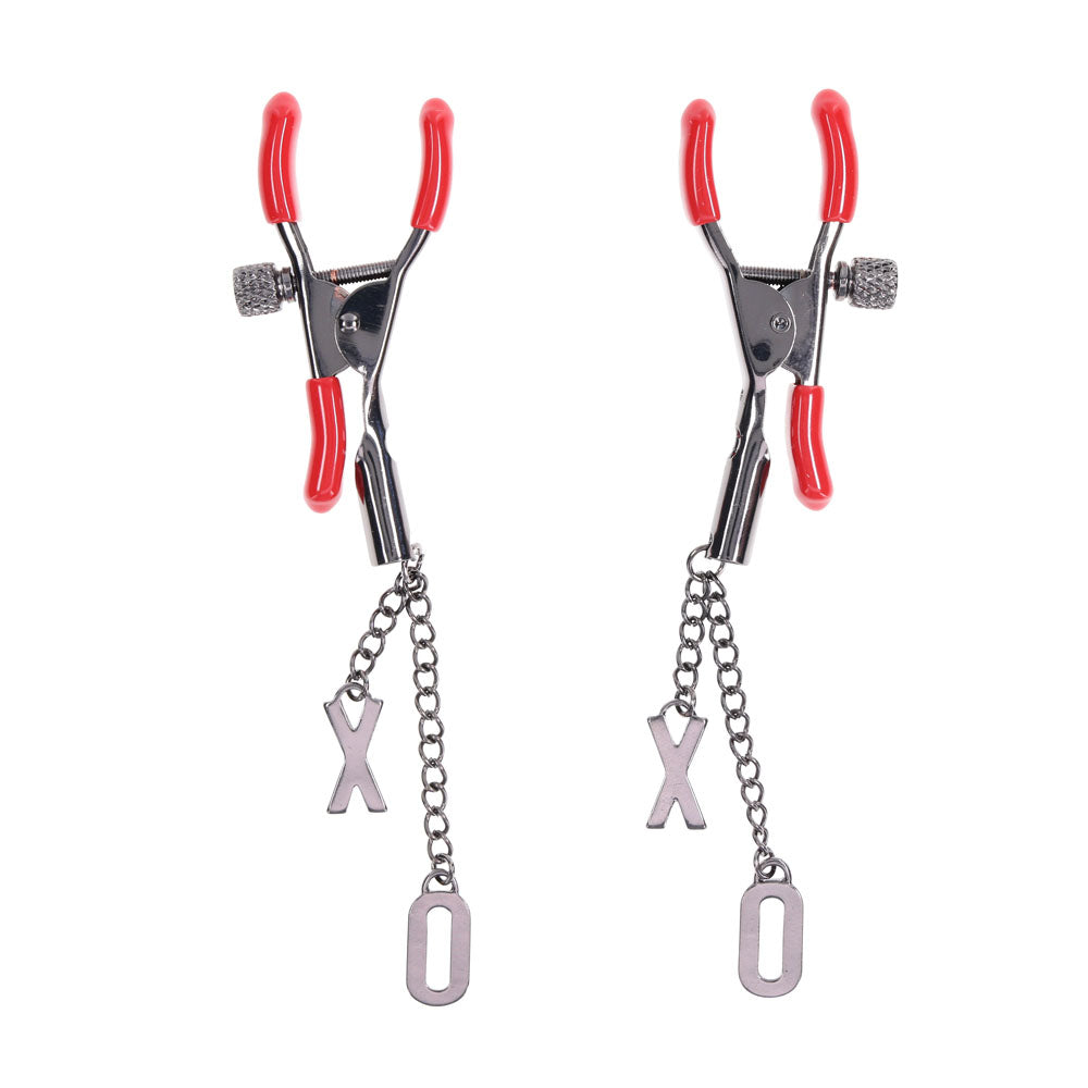 S&M Exs & Ohs Nipple Clamps - Red Tipped Metal Nipple Clamps - Set of 2
