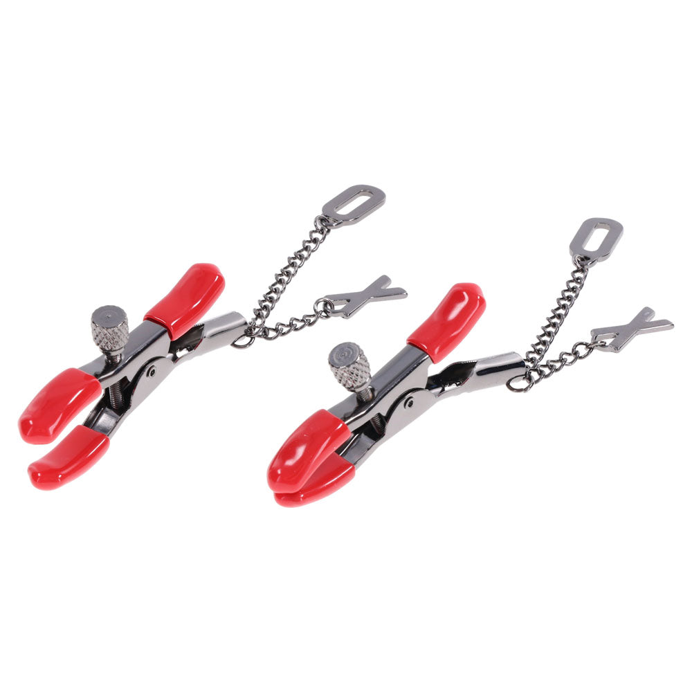 S&M Exs & Ohs Nipple Clamps - Red Tipped Metal Nipple Clamps - Set of 2