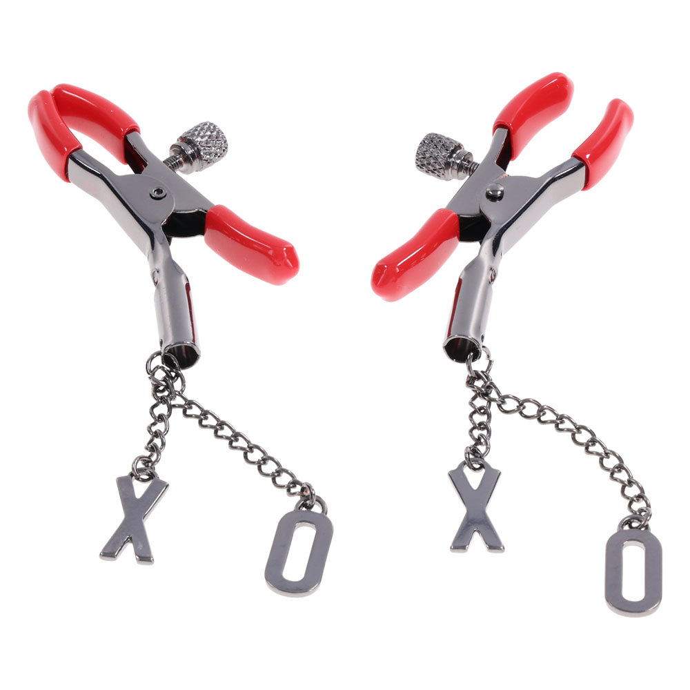 S&M Exs & Ohs Nipple Clamps - Red Tipped Metal Nipple Clamps - Set of 2