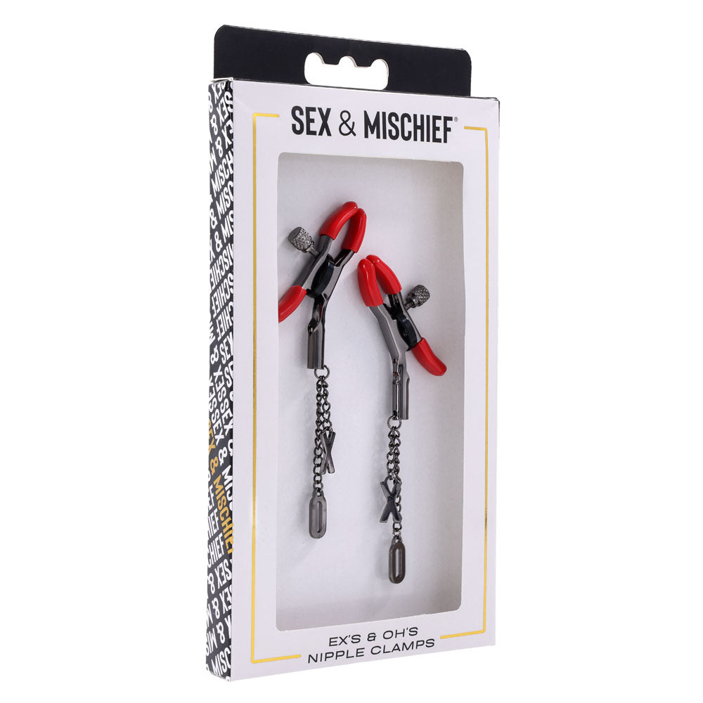 S&M Exs & Ohs Nipple Clamps - Red Tipped Metal Nipple Clamps - Set of 2