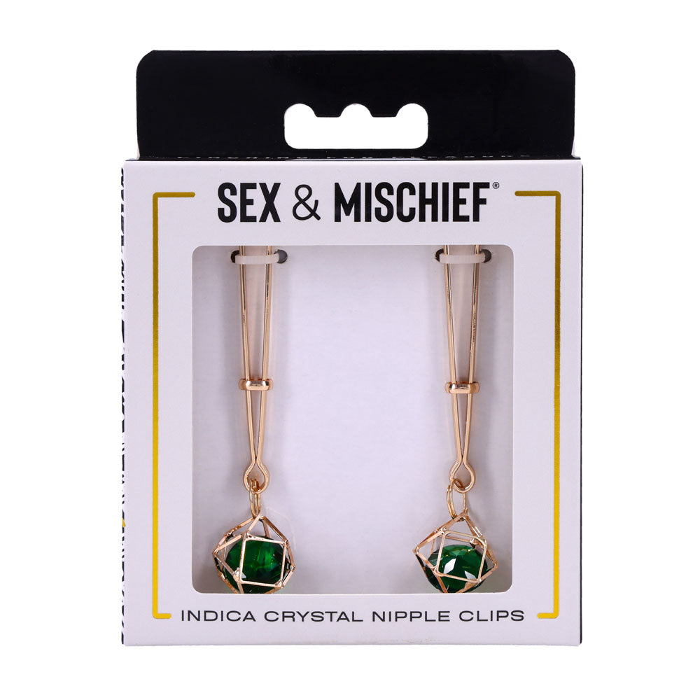 Sex & Mischief Indica Crystal Nipple Clips - Gold Nipple Clips with Emerald Gems