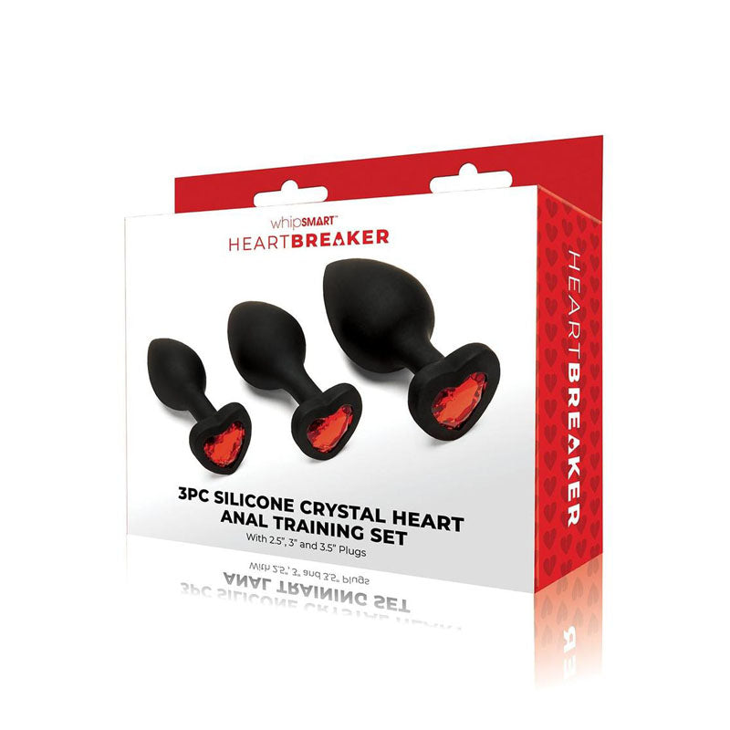 WhipSmart Heartbreaker 3PC Silicone Crystal Heart Anal Training Set - Black Butt Plugs with Heart Gem Bases - Set of 3 Sizes