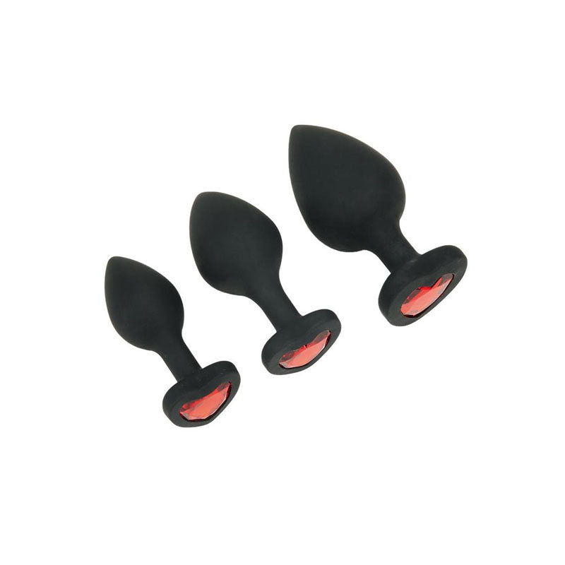 WhipSmart Heartbreaker 3PC Silicone Crystal Heart Anal Training Set - Black Butt Plugs with Heart Gem Bases - Set of 3 Sizes